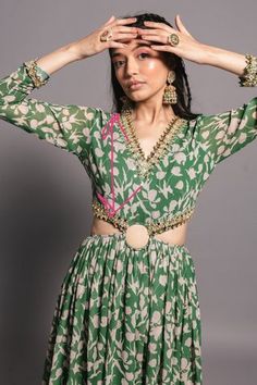 Shop for  Green Poly Georgette Floral Print Cut-out Anarkali Dress for Women Online at Aza Fashions Anarkali Set With Embroidered Neckline, Festive Anarkali Set With Embroidered Neckline, Festive Bollywood Anarkali Set With Embroidered Neckline, Stylish Kurtis Design, Trendy Outfits Indian, Anarkali Dress Pattern, Indian Dresses Traditional, Traditional Indian Outfits, Beautiful Dress Designs