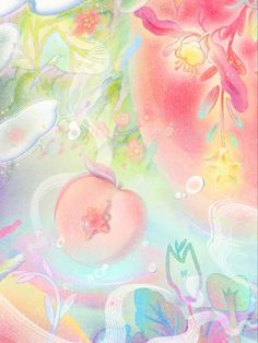 an abstract painting with flowers and clouds in the background, as well as water droplets