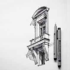 a pencil drawing of a building with a clock on it