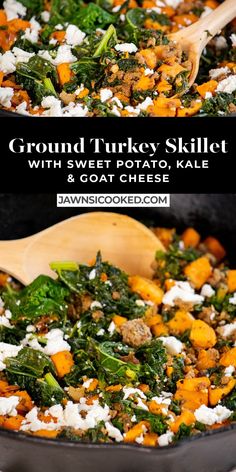 a skillet with sweet potato, kale and goat cheese in it is shown