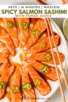 a plate with salmon and chopsticks on it