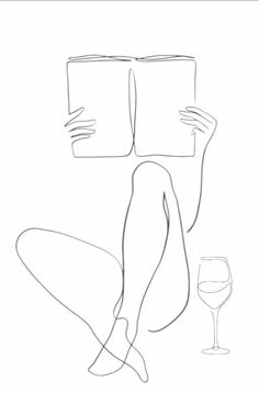 a drawing of a person reading a book and holding a wine glass in front of them