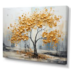 an abstract painting of a tree with yellow leaves