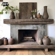 an old fireplace with vases and other items on the mantel in front of it