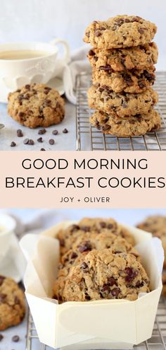 cookies stacked on top of each other with the words good morning breakfast cookies