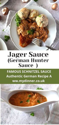 an image of a plate of food with sauce and meatballs on it, along with the words jager sauce german hunter sauce