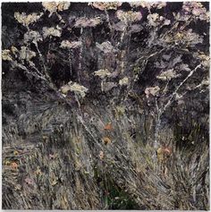 an abstract painting of flowers in the grass