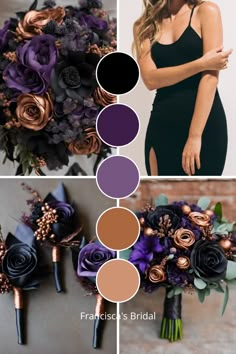 a collage of photos with different flowers and color palettes for the bride's bouquet