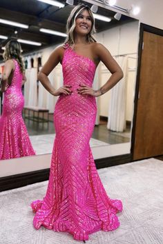 Hot Pink Mermaid One Shoulder Winter Formal Dress Red Long Prom Dress, Sequins Prom Dress, Glitter Party Dress, Formal Prom Dresses Long, Multicolor Sequins, Prom Dresses Long Pink, Sequin Prom Dress, Cute Prom Dresses, Trending Products