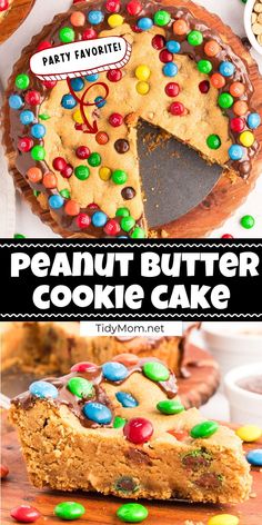 this peanut butter cookie cake is loaded with m & m candy