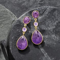 Ross-Simons - 24.50 ct. t. w. Amethyst Drop Earrings in 18kt Gold Over Sterling. Our beautiful amethyst earrings have such regal flair! 24.50 ct. t. w. pear and round amethysts swing for a marvelous effect. Set in polished 18kt yellow gold over sterling silver. Hanging length is 1 1/2". Post/clutch, amethyst drop earrings. Amethyst birthstones are the perfect gift for February birthdays. Amethyst Birthstone, Jewelry Essentials, Sterling Jewelry, Amethyst Jewelry, Amethyst Earrings, Amethyst Stone, Blue Stone, Gold Earrings, Women's Earrings