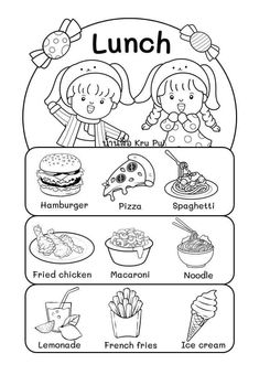 the lunch menu is shown in black and white, with an image of two children eating food