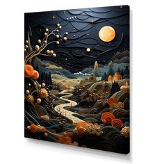 a painting on the wall of a night scene with pumpkins, trees and houses