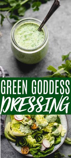 green goddess dressing in a glass jar on top of a plate