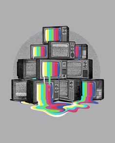 a bunch of tvs that are in the shape of a pyramid with colors on them