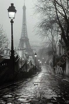 the eiffel tower is in the distance on a rainy day with no people