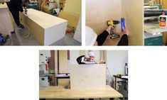 three pictures of people working on furniture in the process of being assembled and sanded