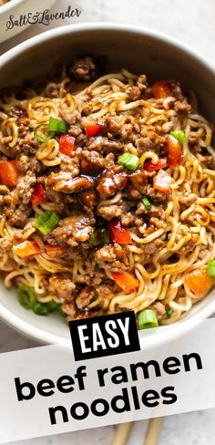 an easy beef ramen noodle recipe in a bowl with chopsticks on the side