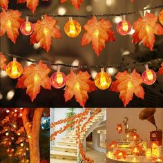 the fall leaves are lit up with candles and lights on them, along with other decorations