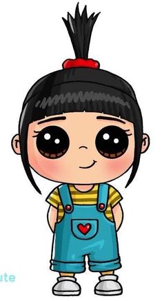 a cartoon girl with black hair and blue overalls, standing in front of a white background