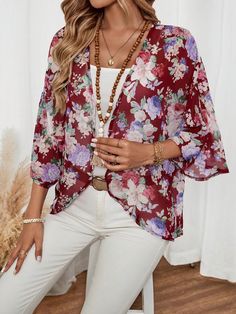 Burdeos Bohemio Collar manga francesa Chifón Floral,Plantas,Estampado Integral Más Embellished No-Elástico Manche, Kimonos, Chiffon Floral, Elegant Dresses Long, Floral Chiffon, Boho Women, Batwing Sleeve, Lightweight Jacket, Outerwear Women