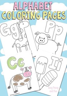 two alphabet coloring pages with animals and letters