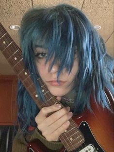 Blue Shag Haircut, Grown Out Blue Hair, Blue Grunge Hair, Blue Haired Girl Aesthetic, Blue Hair Guys, Blue Alt Hair, Blue Shag Hair, Blue Medium Hair