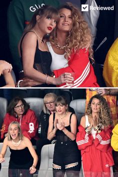 two pictures of taylor and taylor at the same time, one has her arm around another woman's shoulder