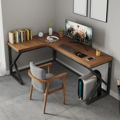 a corner desk with a computer on it