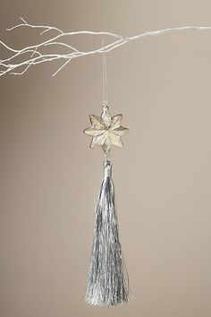 an ornament hanging from a tree branch with silver tassels on it