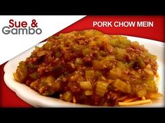 a close up of a plate of food on a red and white background with the words sue & gambo pork chow mein