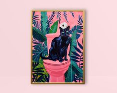 a black cat sitting on top of a pink toilet in front of green leaves and plants