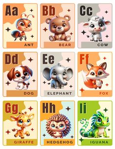 an animal alphabet flash card with pictures of animals and letters for each letter in the upper case