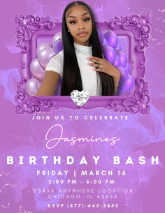 the birthday bash flyer is shown with an image of a woman in a purple frame