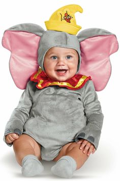 a baby dressed in an elephant costume with the words dumbo baby costume on it