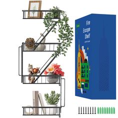 a book shelf with books and plants on it