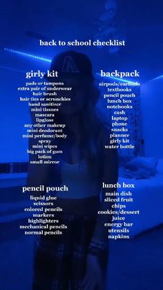 the back to school checklist for girls is shown in black and white, with blue lighting