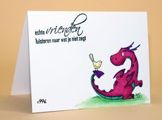 a greeting card with an illustration of a pink dragon holding a small bird in its beak