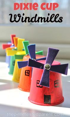 colorful paper windmills with text overlay that says diy cup windmills