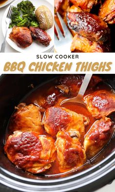 slow cooker bbq chicken thighs with broccoli and potatoes in the background