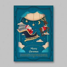 a christmas card with santa riding on a sleigh and reindeers flying in the sky