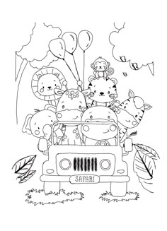 a coloring page with animals in the back of a car and balloons floating above it