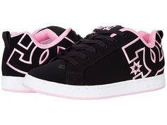 DC Court Graffik W - Women's Skate Shoes : Black/White/Pink : A modern classic, the DC Court Graffik W casual shoes deliver with a clean silhouette and bold logo detail. Casual sneakers with heavy-duty suede, sturdy action nubuck, or soft and resilient action leather upper for abrasion-resistance and durability. Foam-padded tongue and collar for added comfort and support. Textile lining offers breathability. Internal elastic tongue holders for added foot stability. Rubber cupsole with iconic pil Shoes For Latinas, Womens Dc Shoes, Dc Graffik Shoes, Cute Y2k Shoes, Cute Affordable Shoes, Dcs Shoes, Woman’s Shoes, Cutecore Shoes, Pink Dc Shoes