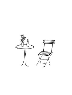 a black and white drawing of a chair and table with a vase of flowers on it