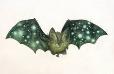 a bat flying through the air with stars on it's wings and its eyes glowing