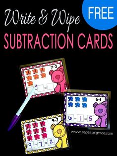 two subtraction cards with the words write and wipe on them