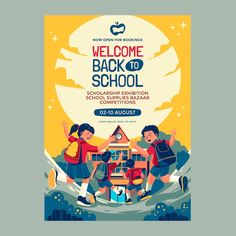 the back to school poster is shown with two children jumping in front of a building