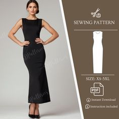 a woman in a black dress with her hands on her hips, and the sewing pattern below