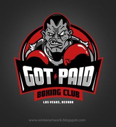 the logo for a boxing club with an evil face and red gloves on it's chest