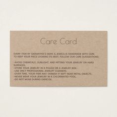 a business card with the words care card written in white ink on top of it